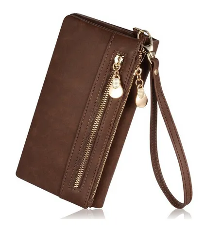 Boshiho Korean Double Zipper clutch wristlets girl purses wholesale women PU leather long card holder women leather wallet