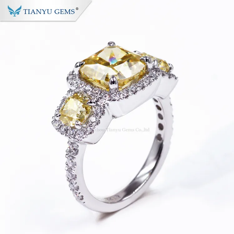Tianyu fábrica personalizado lujo cojín amarillo anillo de tres piedras anillo en plata 925 de oro blanco