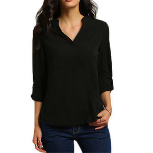 Blusa <span class=keywords><strong>de</strong></span> chifón <span class=keywords><strong>de</strong></span> manga larga <span class=keywords><strong>de</strong></span> talla grande para mujer, Blusa con escote en V en 7 colores <span class=keywords><strong>de</strong></span> fábrica China - Product Image 6
