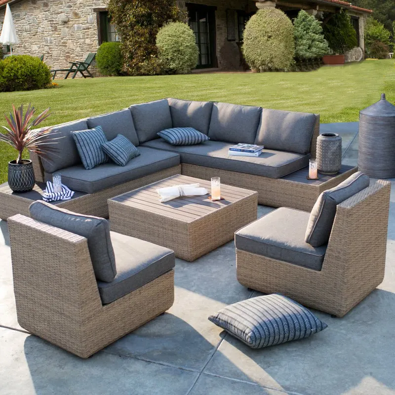 Grote Set Rieten Zachte Tuinmeubilair Rotan Kussen Lounge Sofa Set