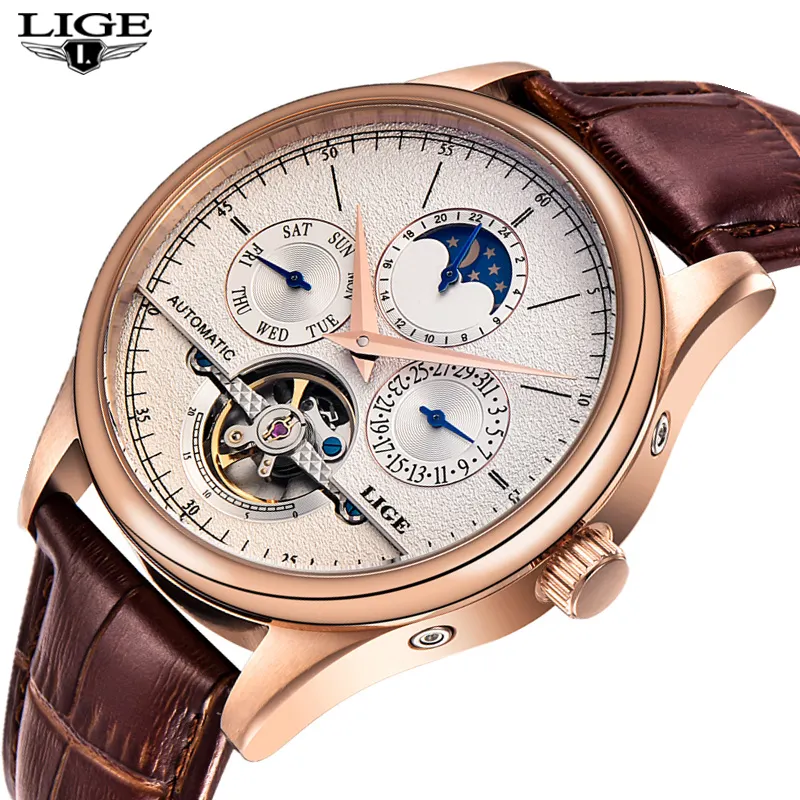 LIGE Mens Watches Automatic Mechanical Watch Tourbillon Clock Leather Casual Business Watches Men Latest Alloy Round Analog 14mm