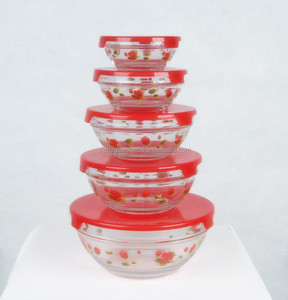 Ensemble de 5 bols en verre <span class=keywords><strong>pas</strong></span> <span class=keywords><strong>cher</strong></span> avec couvercles en plastique, saladier en verre pour la vente en gros - Product Image 1