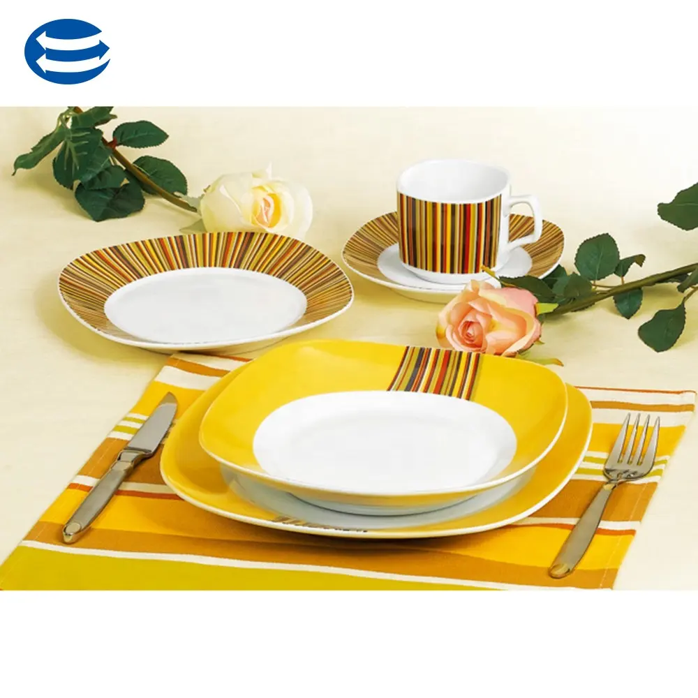 Оранжевый цвет 32 шт. Золотой обод супер белый фарфор квадратная Посуда роскошный обеденный набор с кружкой посуда