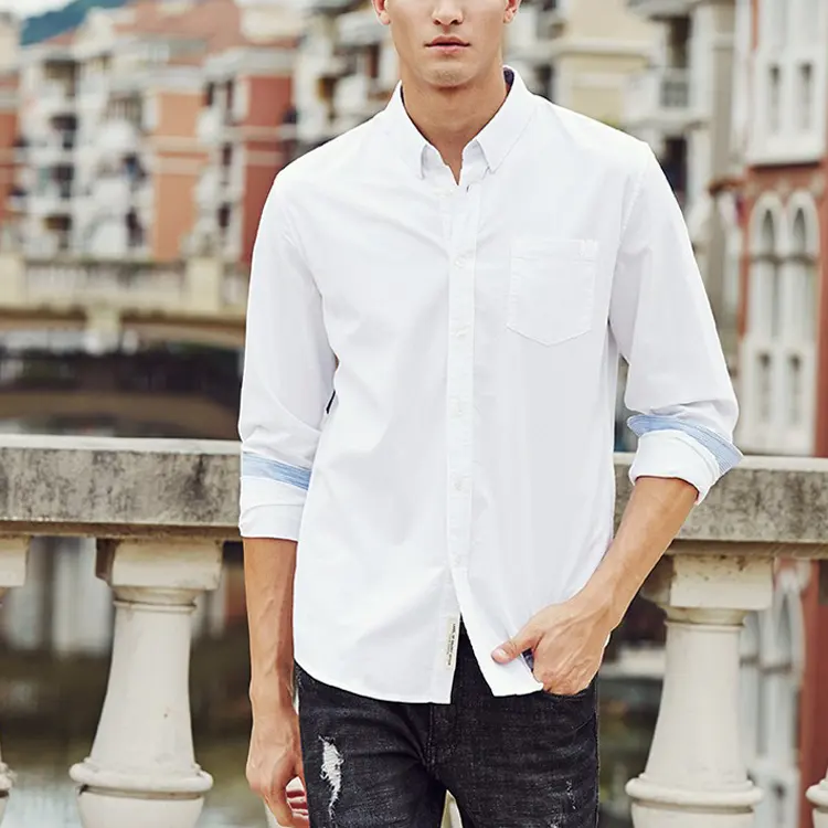 Camisa masculina pent design de manga longa, camisa branca para homens com suporte de tamanho grande, slim fit, de 100% algodão, casual