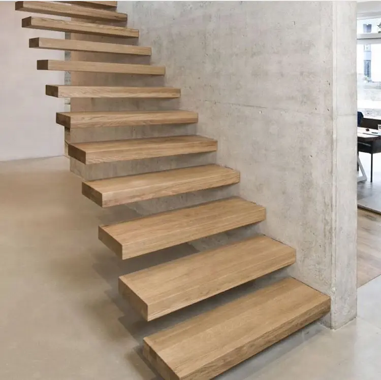 Modern屋内50ミリメートル厚いソリッドオーク材ステップFloating Stairsとガラス手すりDIYローズ価格