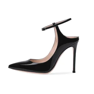 Dernières dames à talons chaussures d'été talons aiguilles Sexy talon haut bout pointu en cuir verni brillant noir pompes femmes Slingbacks