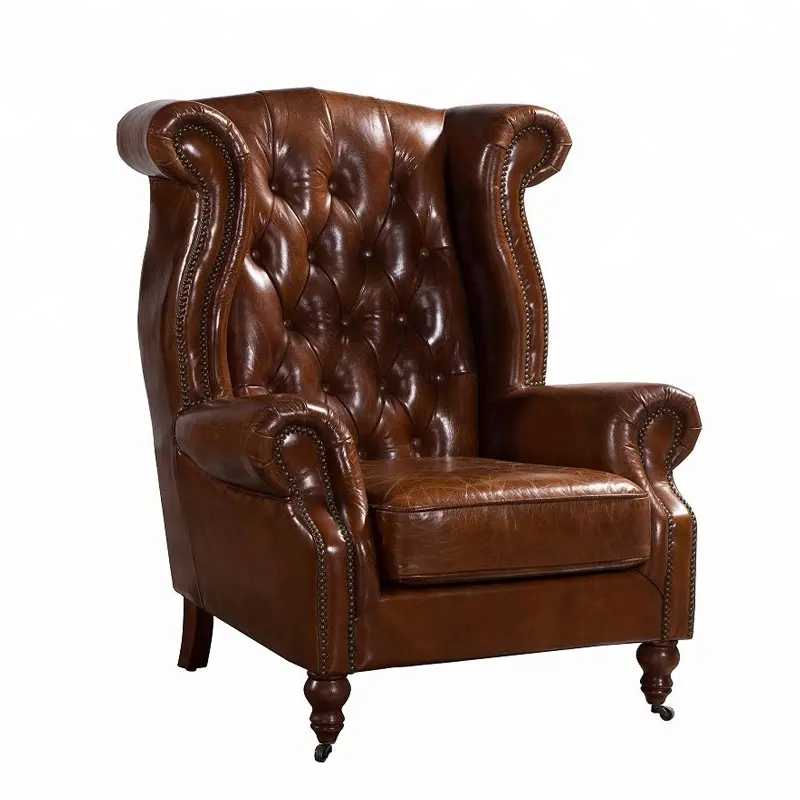 Fauteuil roulé de loisirs de luxe antique chesterfield boutons en cuir tan vintage chaise à oreilles tuftée pour salon