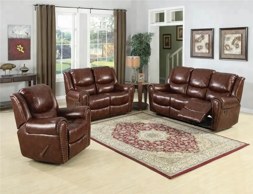 American style classic Top grain leather lazy boy reclining sofa set