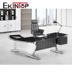 Ekintop 便宜的价格银行黑色丙烯酸钢化现代玻璃行政办公桌与玻璃顶部