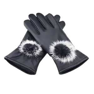 D1546 Women Winter Plus Thick Warm Rabbit Fur PU Leather Touch Screen Gloves