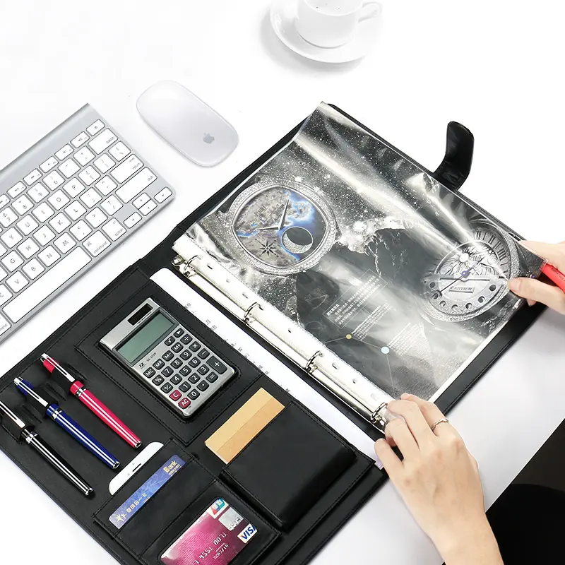 A4 leather clipboard folder black multifunctional business conference file folder with pen calculator