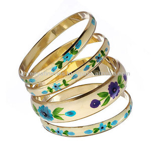Floral Resin and Brass Bangle Set <b>Stacked</b> Bangles for Teens Ladies Resin Trendy Bangle Set - Product Image 1