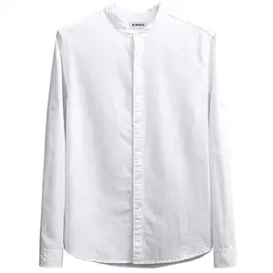 新时尚低起订量男士的国语领白色固体麻衬衫