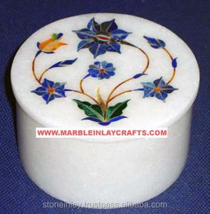 Hand Work White Marble Lapis Lazuli Inlay <b>Art</b> Work Round Jewelry Box - Product Image 1