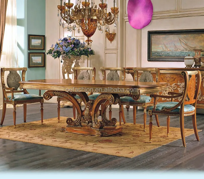 Baroque Antique Style Italian Dining Table, 100% Solid Wood Italy Style Luxury Dining Table Set