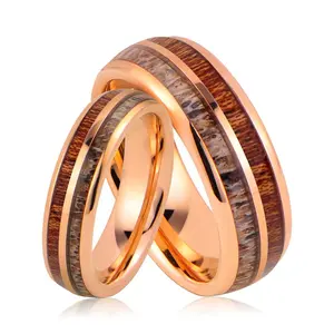 Fashion Jewelry Ring Hawaiian KOA Wood and Deer Antler Tungsten Ring Men Women
