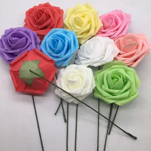 8 cm Artificial DIY Foam Rose Flower PE Rose Flower Head With Iron Stem For Decor