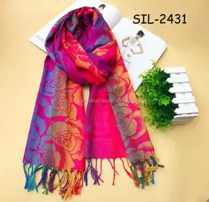 Zhejing yiwu factory bright funky echarpe tippet stole jacquard big rose gradual rayon wholesale rainbow lady pashmina scarf