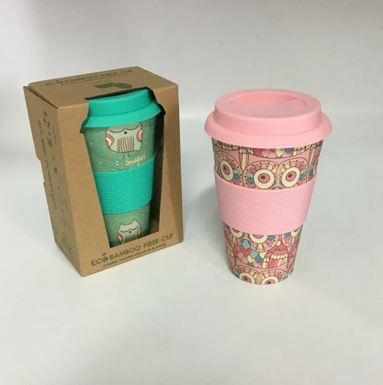 Bio Custom Print Biodegradable Natural 450ML Bamboo Fiber Fibre Eco Tea Coffee Travel Mug Mugs With Lid Handgrip Dishwasher Safe