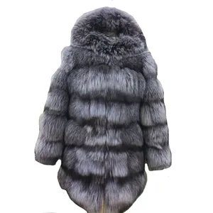 Winter Warm Clothes Hooded Silver Fox Fur Collar Women Medium Long Jacket Fur Coat