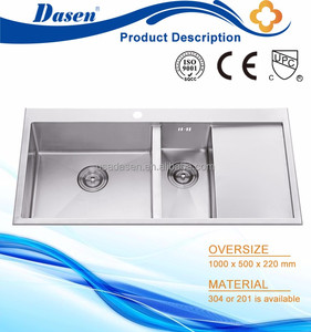 Silver color hand built double bowl drainboard trough sink Foshan factory - Product Image 4