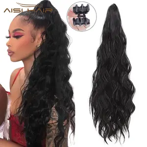 Aisi 头发合成爪在剪辑在马尾巴头发延长黑色长波浪马尾巴假发为妇女延长头发