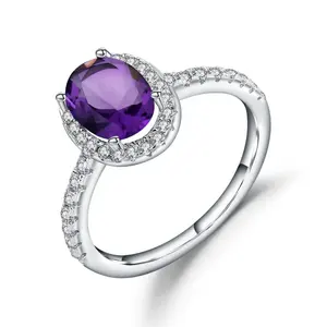 Bleibende ovale natürliche Amethyst Edelstein Frauen Schmuck925 Sterling Silber Edelstein Verlobung ringe