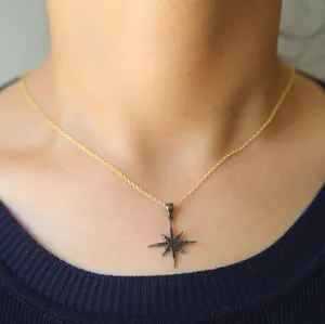 Hadiah Natal 2023 North Star Sun Burst Liontin Kalung Emas 18K Zirkonia Hitam