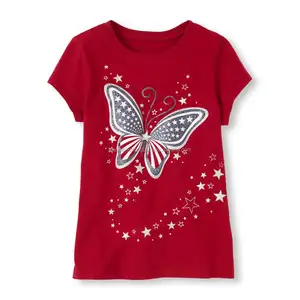 Baby & Peuter Glitter Vlinder Gedrukt Meisjes T-shirt 100% Gekamd Katoen Jersey Interlock Gebreide Casual Leisure Dagelijks