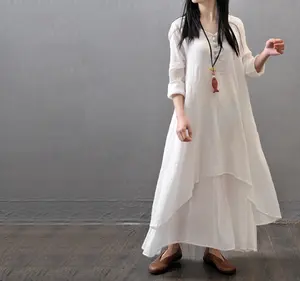 Summer fashion casual linen loose long skirt literature and art fake two piece women dresses