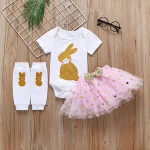 Fashion Leuke Mooie Bunny Print Romper Roze Gouden Boog Gaas Rok Lichaam Set Pasen Pasgeboren Baby Kleding Met Sokken