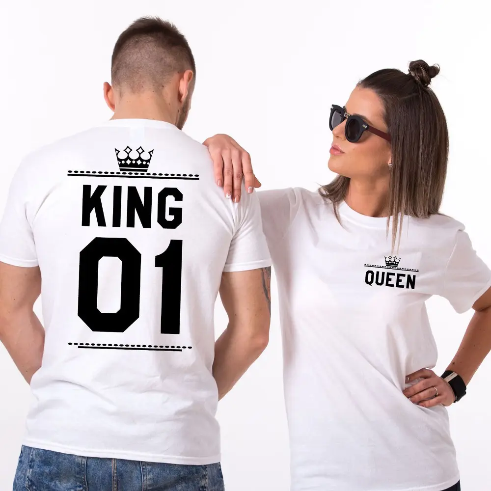 Camisas de algodão king queen 01, camisetas para casais estampadas com letras engraçadas e manga curta