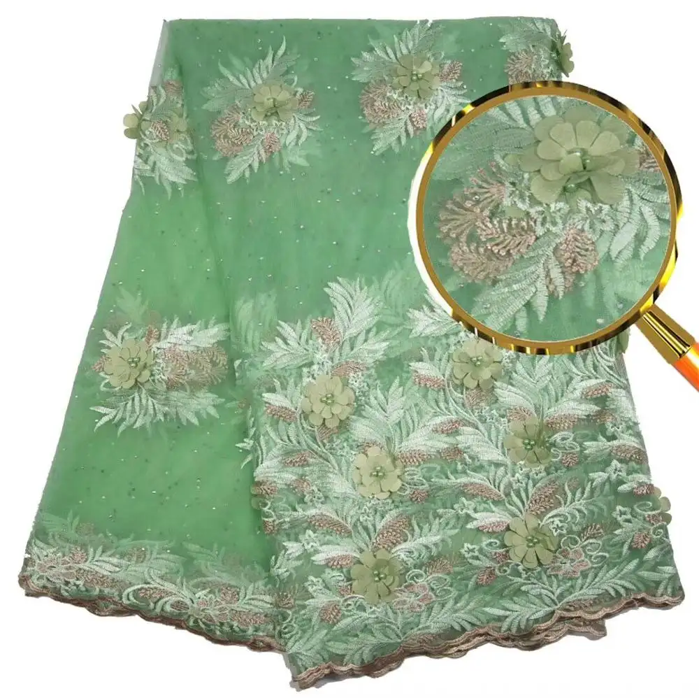 High Quality Nigerian 3D Wedding Lace Fabric Green Latest African Laces  French Net Lace Fabric With Sequins for Dress J080