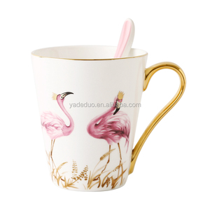 Gốm 450ml mới lạ cốc cà phê và muỗng sứ <span class=keywords><strong>Flamingo</strong></span> cốc trà với vàng xử lý - Product Image 1