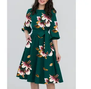 E9053 Bloemenprint Vintage Jurk Vrouwen Lente 50S 60S Stijl Half Mouw Grote Swing Party Jurken Plus Size casual Vestido