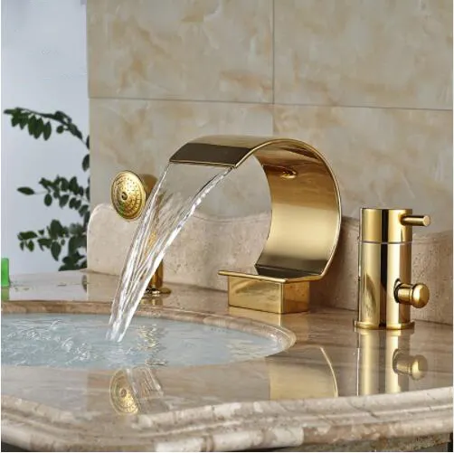فاخر الذهب اللون 3 قطعة الكروم المصقول حوض الاستحمام حمام حوض شلال صنبور مع دش المحمولة
