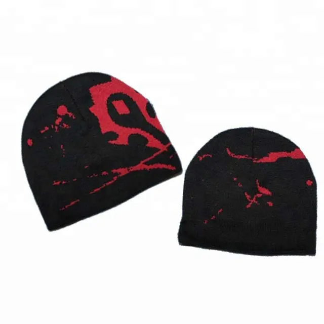 Topi Rajut Jacquard Hitam Musim Dingin/Beanie Rajut Akrilik Desain Kustom