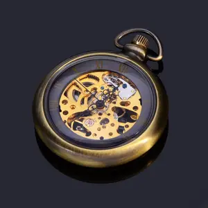 Vintage type squelette mécanique cuivre bronze matériel pour hommes visage ouvert Montre de Poche