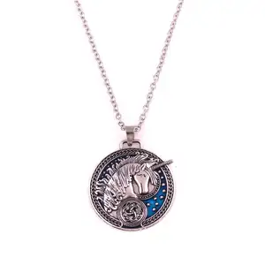 N0562 Huilin Jewelry Medieval Celtic Unicorn Stars Blue Enamel Alloy Necklace