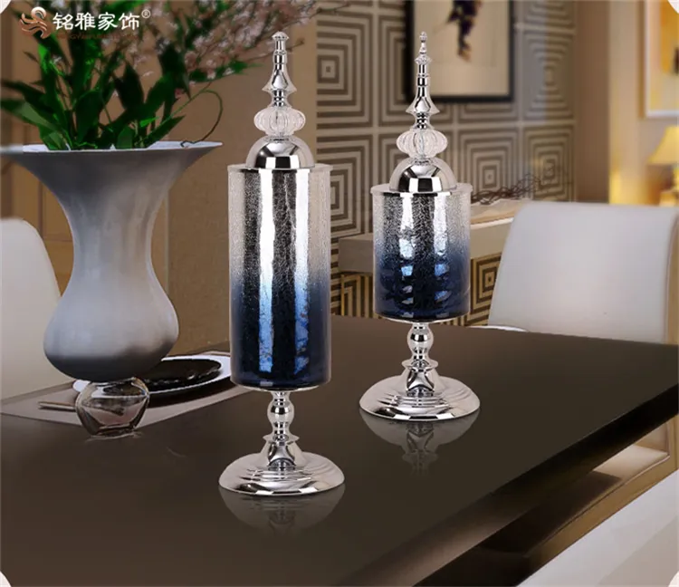 Home decpr craft crackle blue color glass flower vase with metal lid