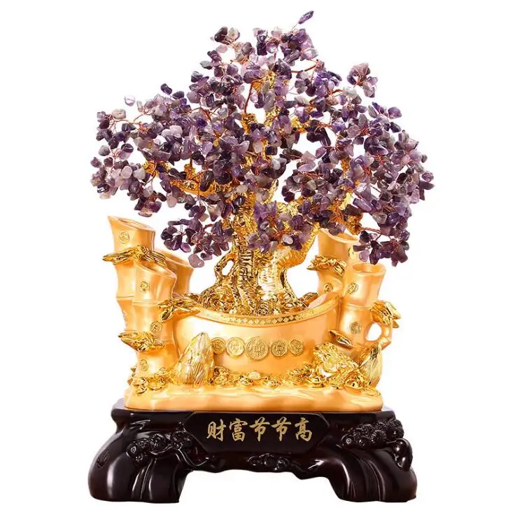 Resin Golden Bamboo装飾NaturalアメジストCrystal Money Treeギフト