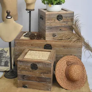 Set of 3 Vintage Farmhouse wooden Crate Trunk Box,Rustic Home Goods Wooden Storage Trunk Chest with Bamboo Top