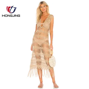 Phụ nữ mặc Crochet vải v-cổ pullon constructionTie phía trước đóng cửa Tua chân hem midi calf chiều dài quần áo ngủ sexy prom dress