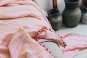 Nlan 100% Katoenen Lakens En Inbakeren Dekens Geweven Zijden Zachte Mousseline Met Bloemenpatroon En Pompons - Product Image 6