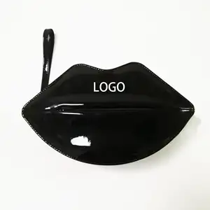 Custom most fashion fluorescent black lip shaped makeup cosmetic bag Luxury PU shinny cosmetic gift bag