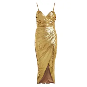 Yihao trending 2021 factory cheap clothing ladies boutique metallic draped midi gold dress online