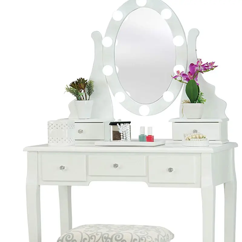 Coiffeuse blanche avec tabouret et lampes LED, 5 tiroirs et miroir, Table de toilette professionnelle