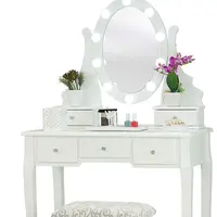 5 개의 서랍과 거울이있는 의자와 LED 조명이있는 드레싱 테이블, 흰색