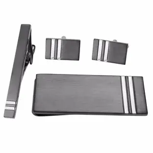 Brushed Gunmetal and Silver Rectangular Tie Pin & Money Clip & Cufflink Set