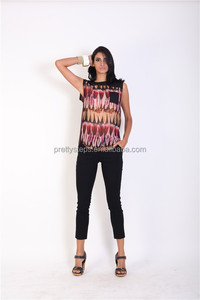 Pasos bastante 2015 de gama alta de <span class=keywords><strong>la</strong></span> gasa de <span class=keywords><strong>la</strong></span> mujer sin mangas <span class=keywords><strong>plume</strong></span> impreso plisado blusa superior - Product Image 3